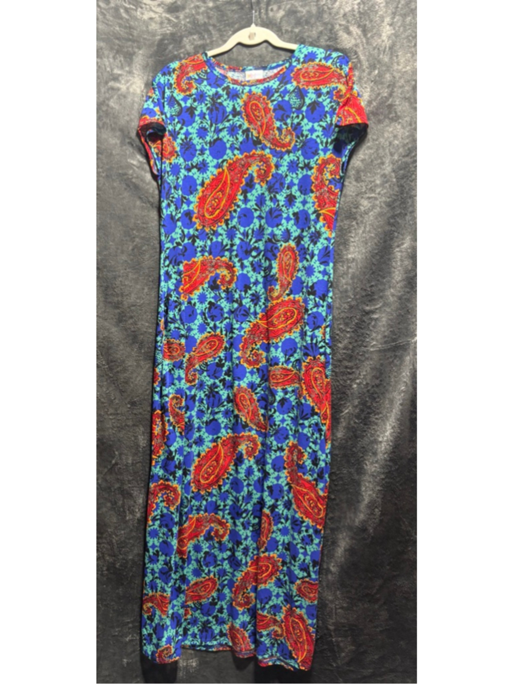 Lularoe Maxi Maria Boho Red, Orange, Blue Paisley Short-Sleeve Dress SZ M READ